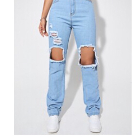 Shein  light wash destroyed ripped boyfriend jeans - Picture 2 of 2